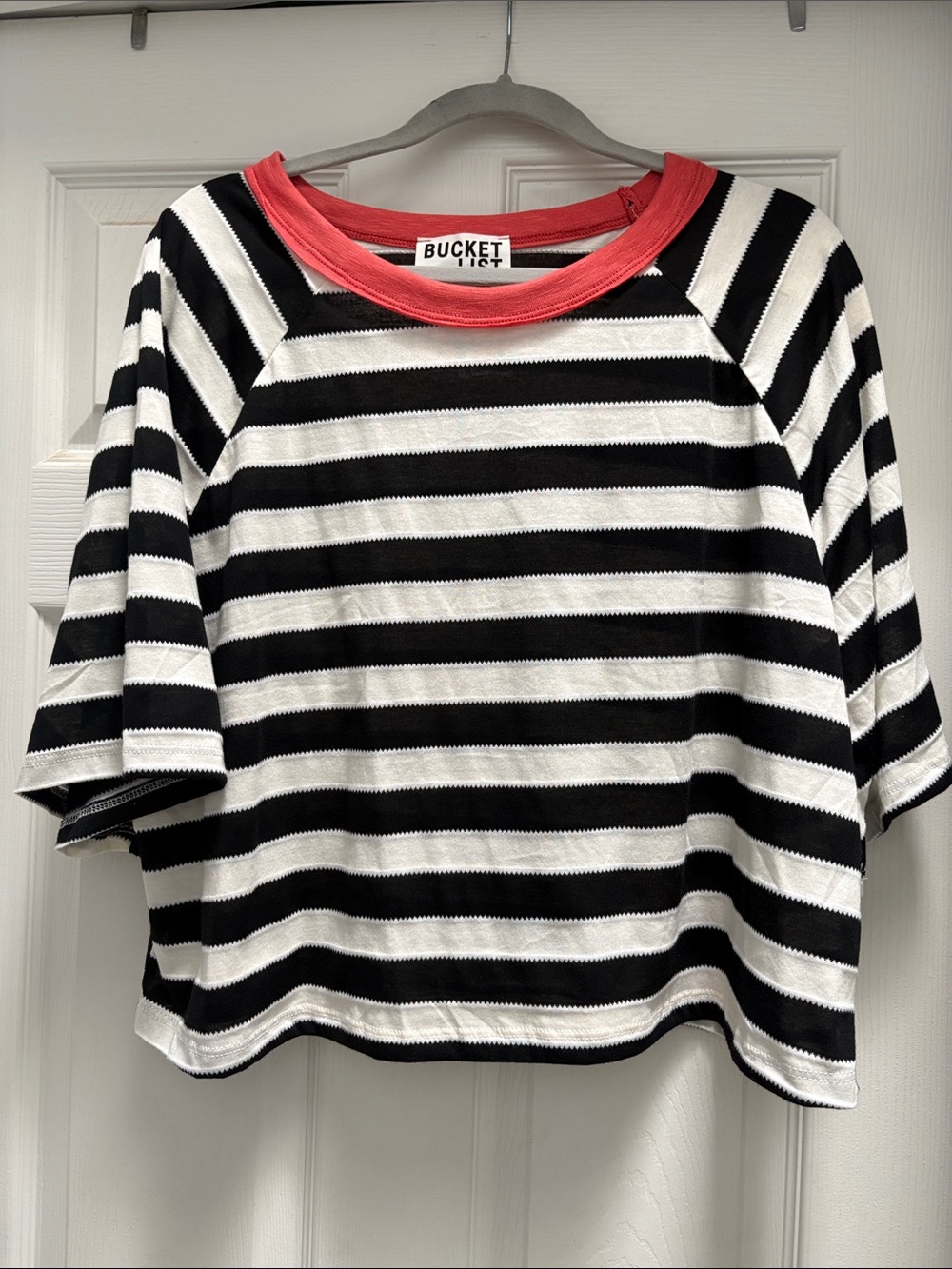 New Bucket List Black & White Striped Tee with Coral neck and Crop Top
